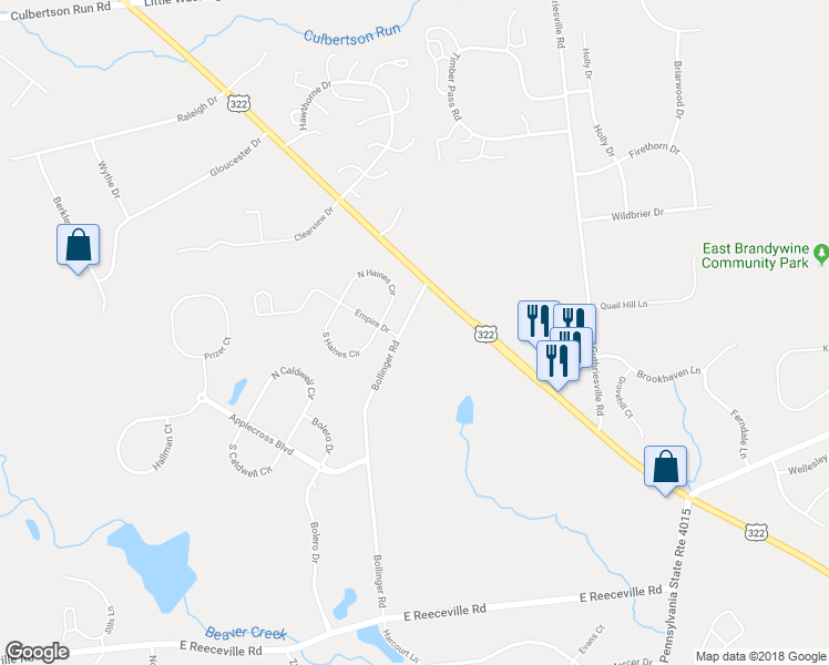 map of restaurants, bars, coffee shops, grocery stores, and more near 141 Bollinger Road in Downingtown