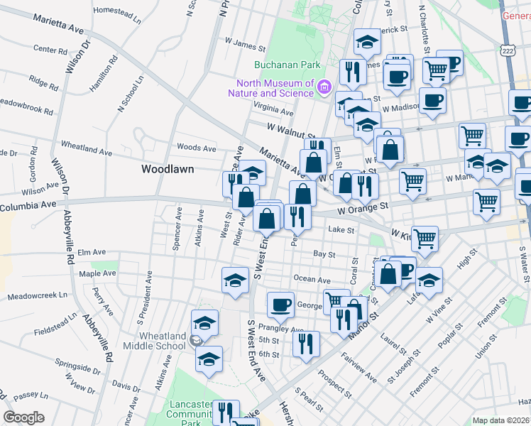 map of restaurants, bars, coffee shops, grocery stores, and more near 920 Columbia Avenue in Lancaster