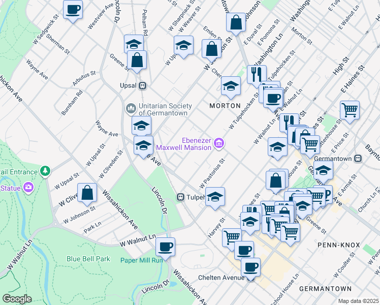 map of restaurants, bars, coffee shops, grocery stores, and more near 240 West Washington Lane in Philadelphia