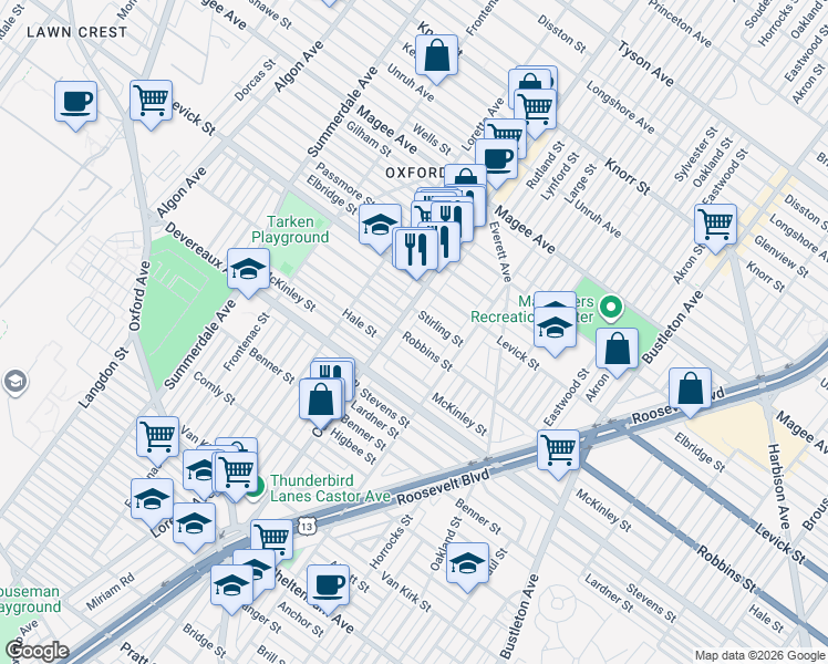 map of restaurants, bars, coffee shops, grocery stores, and more near 1413 Robbins Street in Philadelphia