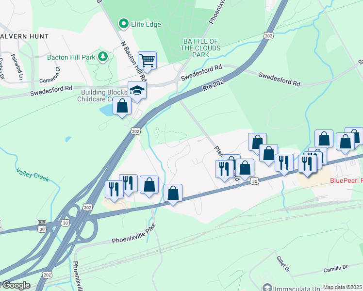 map of restaurants, bars, coffee shops, grocery stores, and more near 120 Cricket Drive in Malvern