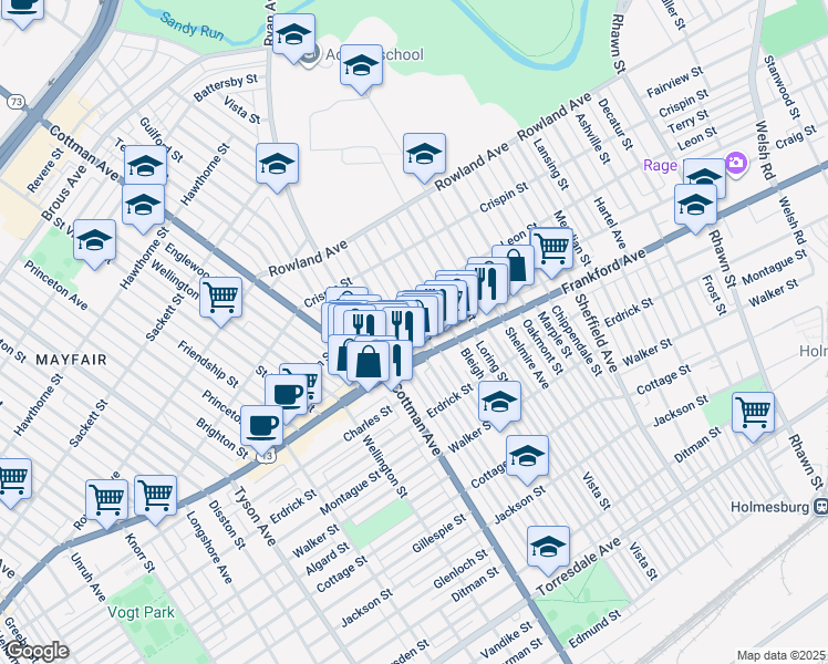 map of restaurants, bars, coffee shops, grocery stores, and more near 3536 Tudor Street in Philadelphia