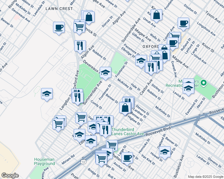 map of restaurants, bars, coffee shops, grocery stores, and more near 6128 Shisler Street in Philadelphia