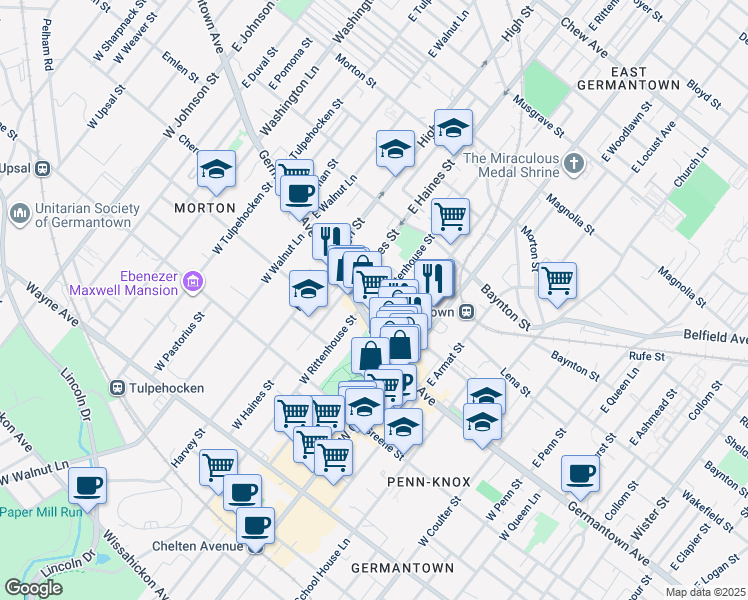 map of restaurants, bars, coffee shops, grocery stores, and more near 30 East Narragansett Street in Philadelphia