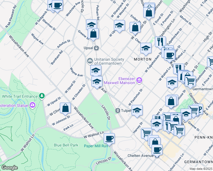 map of restaurants, bars, coffee shops, grocery stores, and more near 6340 Sherman Street in Philadelphia