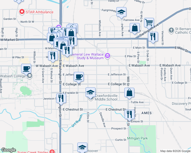 map of restaurants, bars, coffee shops, grocery stores, and more near 503 East Jefferson Street in Crawfordsville