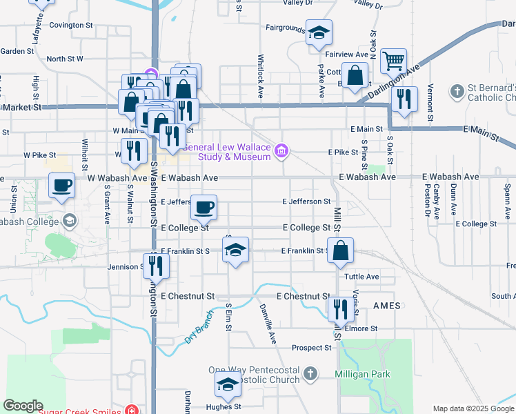 map of restaurants, bars, coffee shops, grocery stores, and more near 503 East Jefferson Street in Crawfordsville