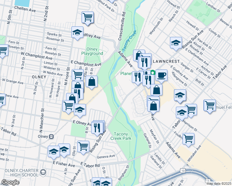 map of restaurants, bars, coffee shops, grocery stores, and more near  in Philadelphia