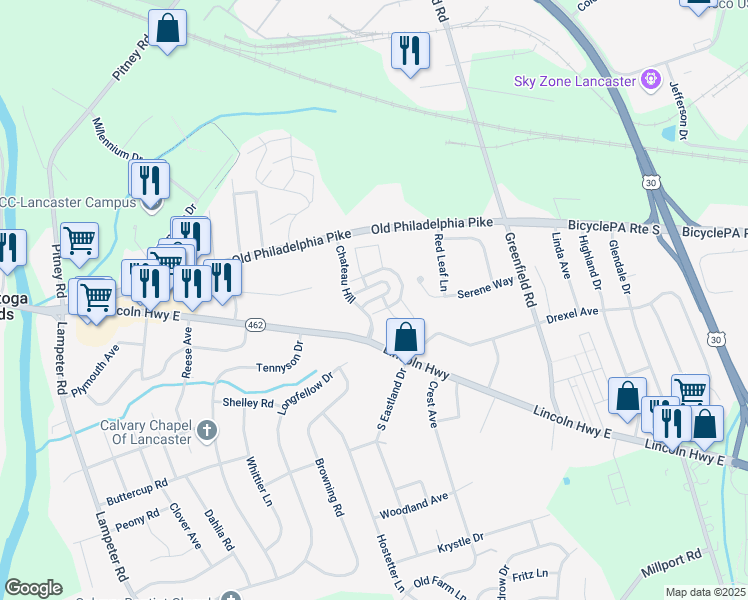 map of restaurants, bars, coffee shops, grocery stores, and more near 110 Lotus Circle in Lancaster