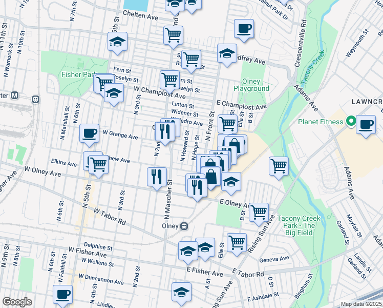 map of restaurants, bars, coffee shops, grocery stores, and more near 5748 North Hope Street in Philadelphia