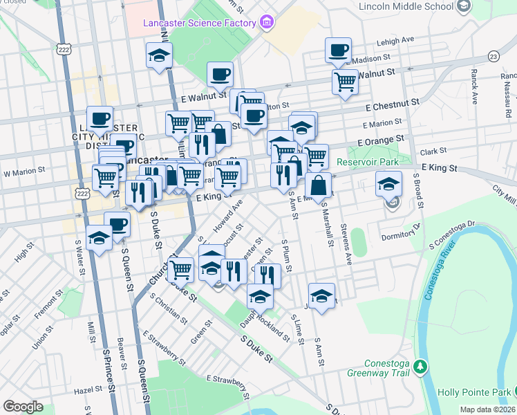 map of restaurants, bars, coffee shops, grocery stores, and more near 20 Locust Street in Lancaster