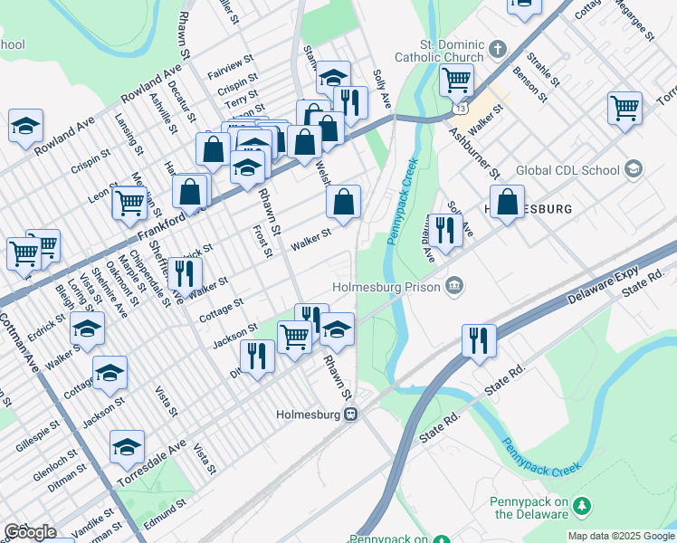 map of restaurants, bars, coffee shops, grocery stores, and more near 8030 Ditman Street in Philadelphia