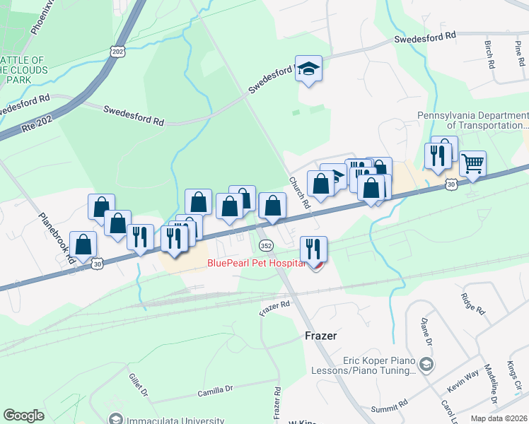 map of restaurants, bars, coffee shops, grocery stores, and more near 10 Eagle Ln in Malvern