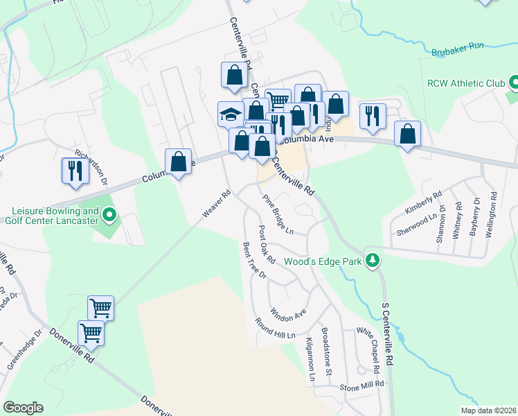 map of restaurants, bars, coffee shops, grocery stores, and more near 205 Pine Bridge Lane in Lancaster