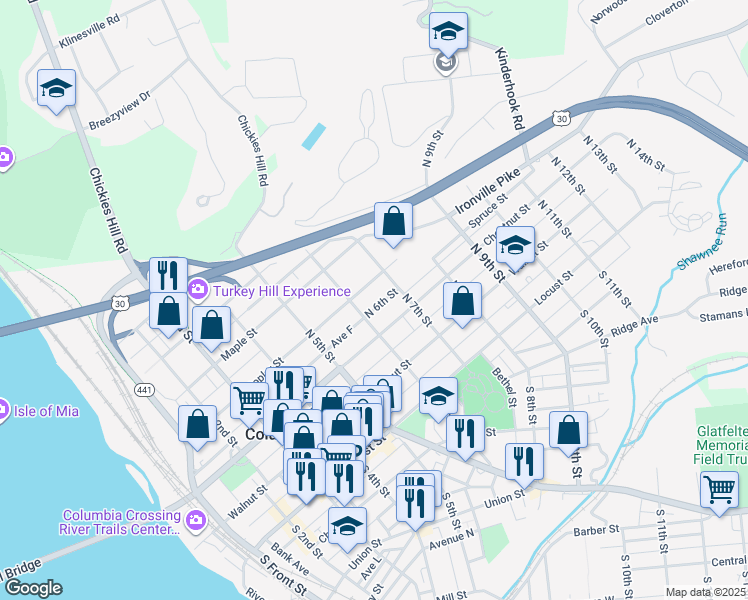 map of restaurants, bars, coffee shops, grocery stores, and more near 3 Avenue F in Columbia