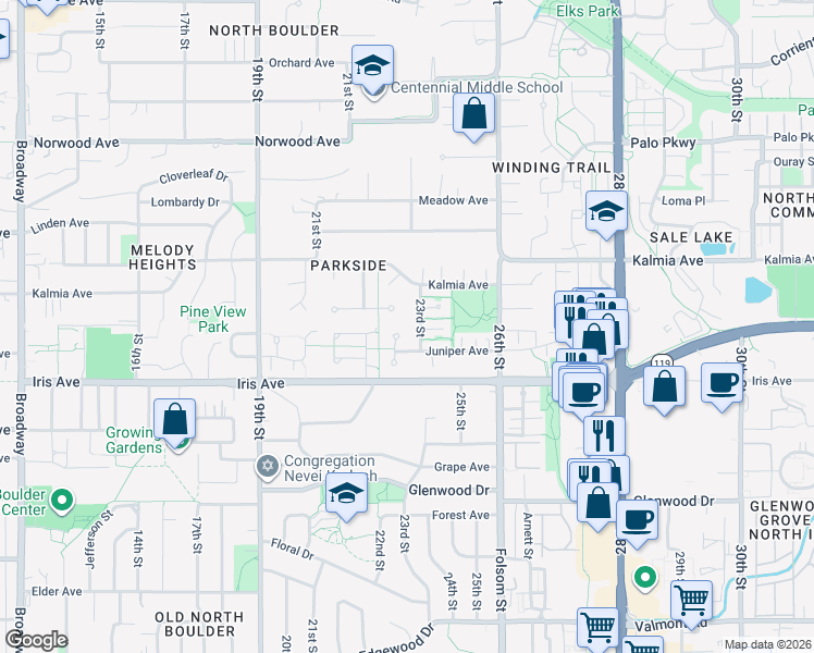 map of restaurants, bars, coffee shops, grocery stores, and more near 2247 Juniper Court in Boulder