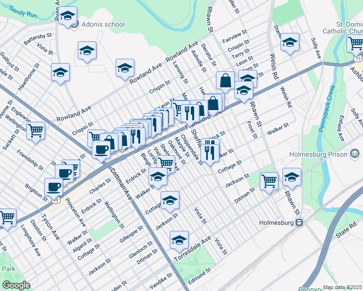 map of restaurants, bars, coffee shops, grocery stores, and more near Erdrick St & Marple St in Philadelphia