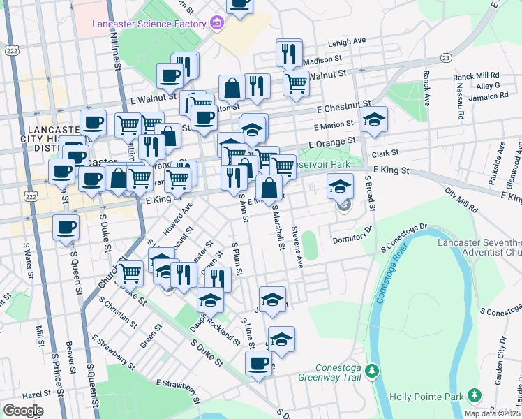 map of restaurants, bars, coffee shops, grocery stores, and more near 41 South Ann Street in Lancaster