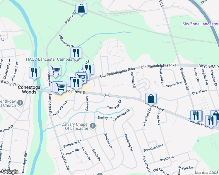 map of restaurants, bars, coffee shops, grocery stores, and more near 1706 Pennsylvania Avenue in Lancaster