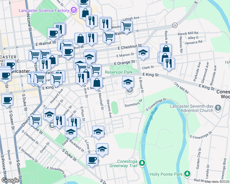 map of restaurants, bars, coffee shops, grocery stores, and more near 636 East End Avenue in Lancaster
