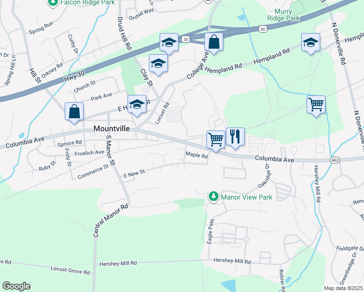 map of restaurants, bars, coffee shops, grocery stores, and more near 6 South Bridge Street in Mountville