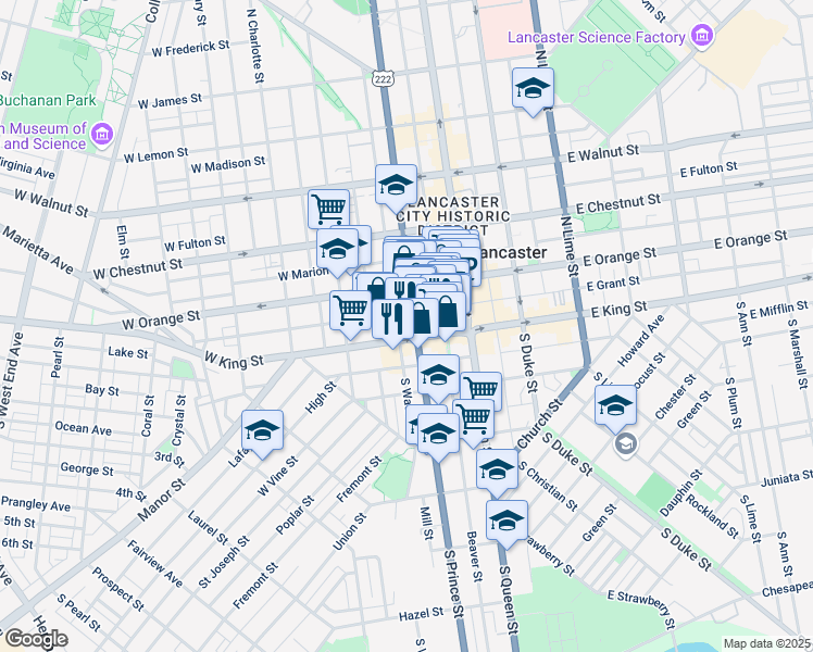 map of restaurants, bars, coffee shops, grocery stores, and more near 12 North Prince Street in Lancaster
