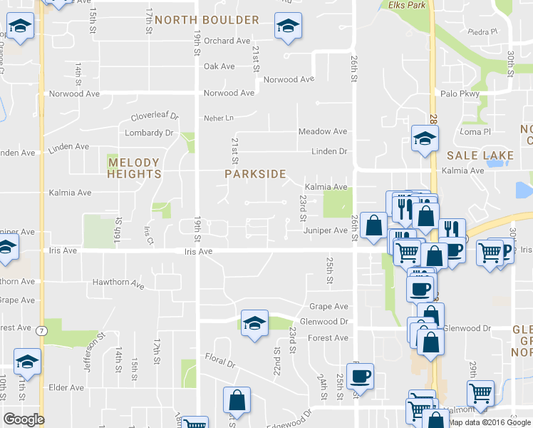 map of restaurants, bars, coffee shops, grocery stores, and more near 2187 Jordan Place in Boulder