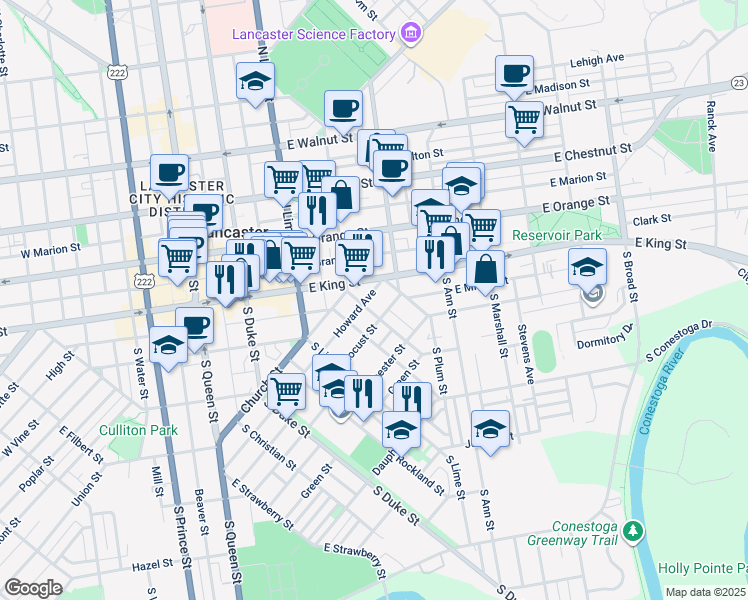map of restaurants, bars, coffee shops, grocery stores, and more near 31 Howard Avenue in Lancaster