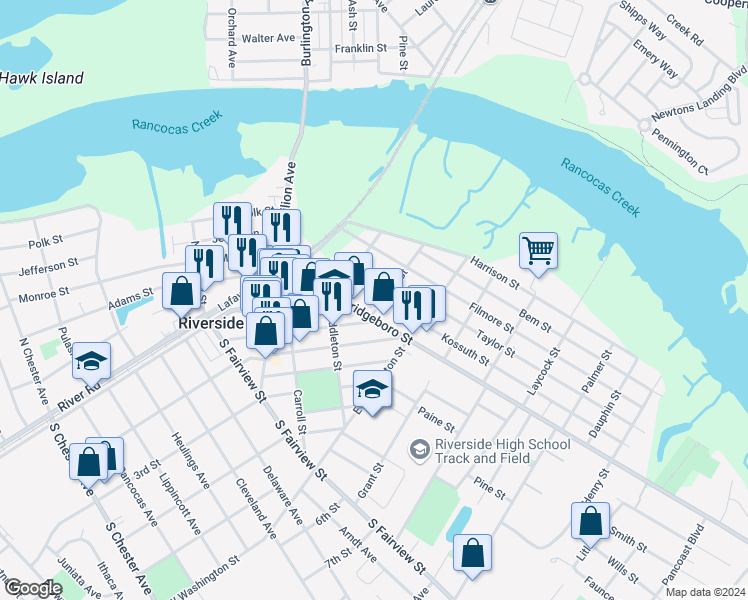 map of restaurants, bars, coffee shops, grocery stores, and more near 238 Kossuth Street in Riverside