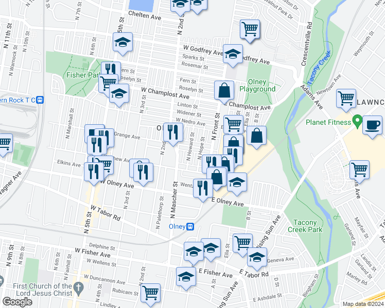 map of restaurants, bars, coffee shops, grocery stores, and more near 5747 North Howard Street in Philadelphia