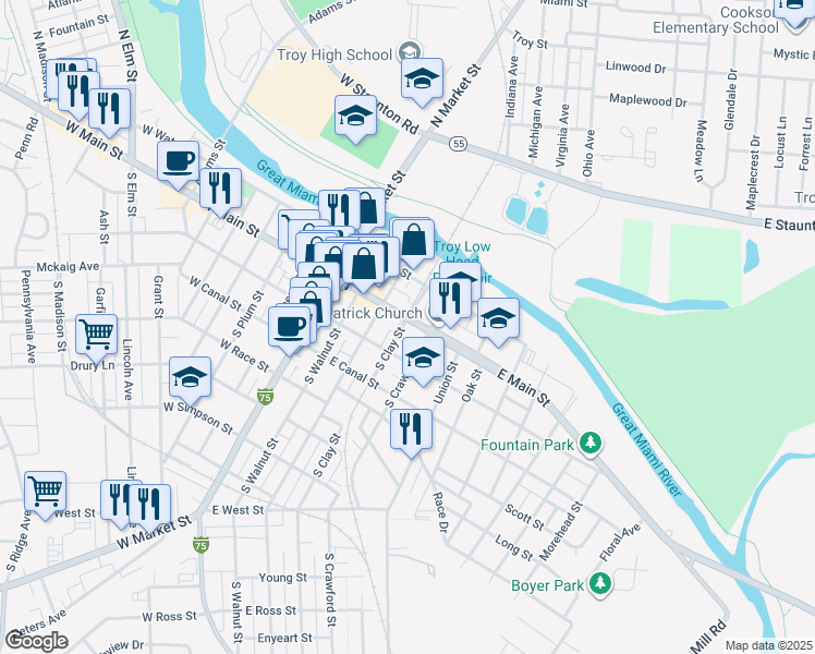 map of restaurants, bars, coffee shops, grocery stores, and more near 18 South Clay Street in Troy