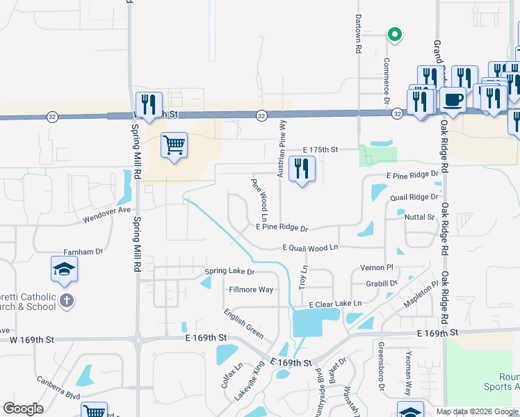 map of restaurants, bars, coffee shops, grocery stores, and more near 17323 Pine Wood Lane in Westfield