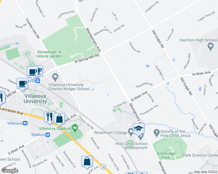 map of restaurants, bars, coffee shops, grocery stores, and more near 1532 Montgomery Avenue in Villanova