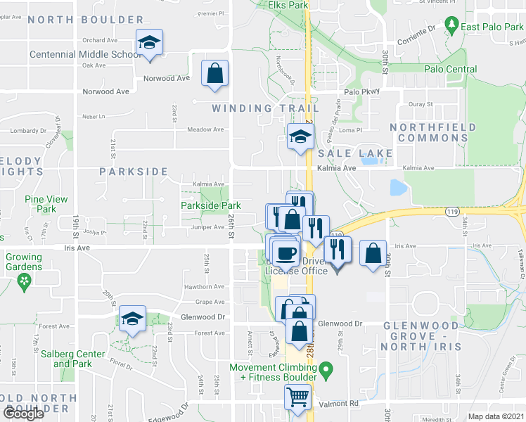 map of restaurants, bars, coffee shops, grocery stores, and more near 2685 Juniper Avenue in Boulder