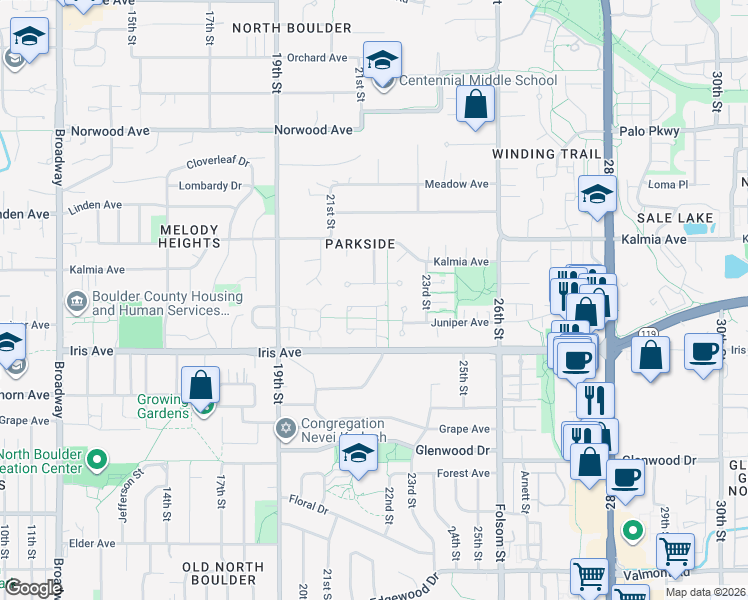 map of restaurants, bars, coffee shops, grocery stores, and more near 2187 Jordan Place in Boulder