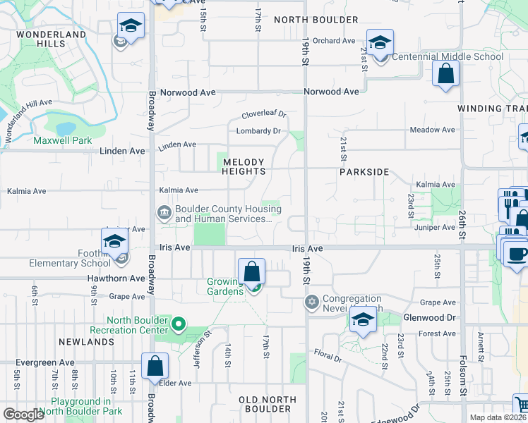 map of restaurants, bars, coffee shops, grocery stores, and more near 3487 Iris Court in Boulder