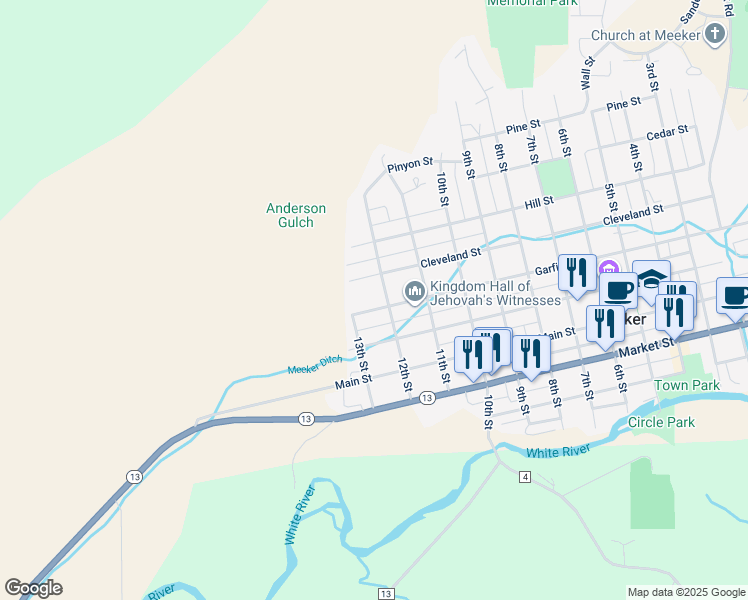 map of restaurants, bars, coffee shops, grocery stores, and more near 1239 Garfield Street in Meeker