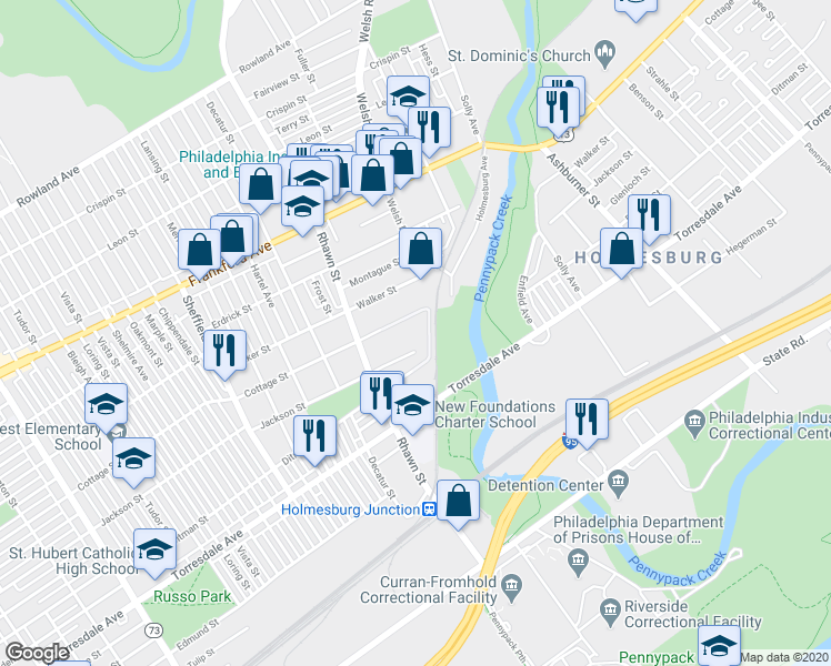 map of restaurants, bars, coffee shops, grocery stores, and more near 8030 Ditman Street in Philadelphia