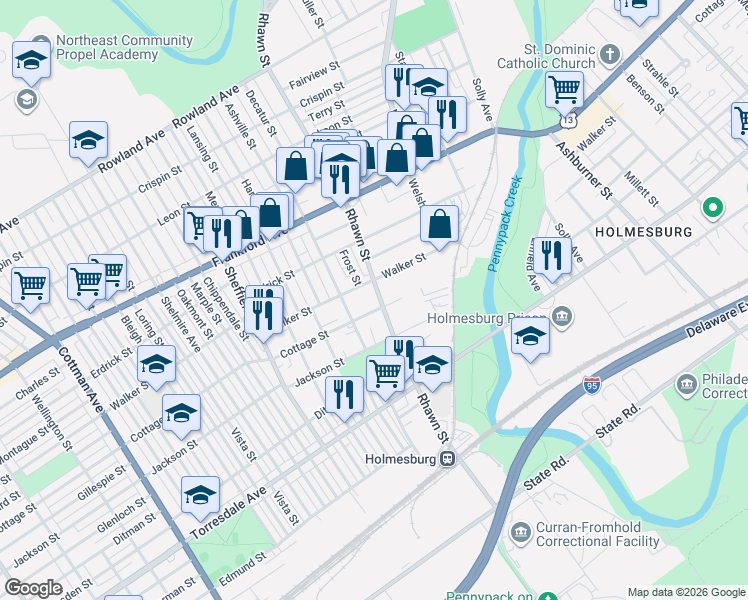 map of restaurants, bars, coffee shops, grocery stores, and more near 4316 Rhawn Street in Philadelphia