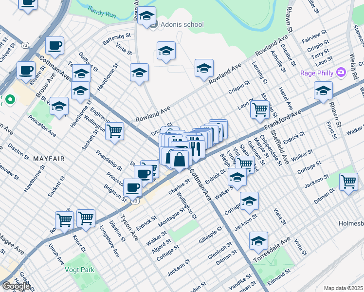 map of restaurants, bars, coffee shops, grocery stores, and more near 3524 Aldine Street in Philadelphia
