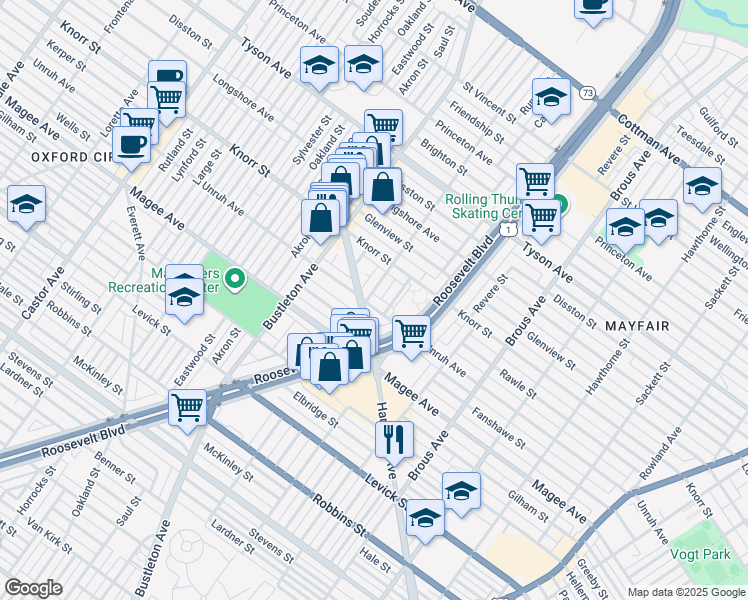 map of restaurants, bars, coffee shops, grocery stores, and more near 2203 Unruh Ave in Philadelphia