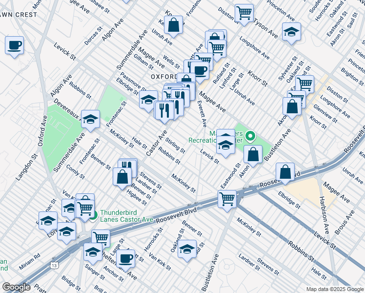 map of restaurants, bars, coffee shops, grocery stores, and more near 1453 Stirling Street in Philadelphia