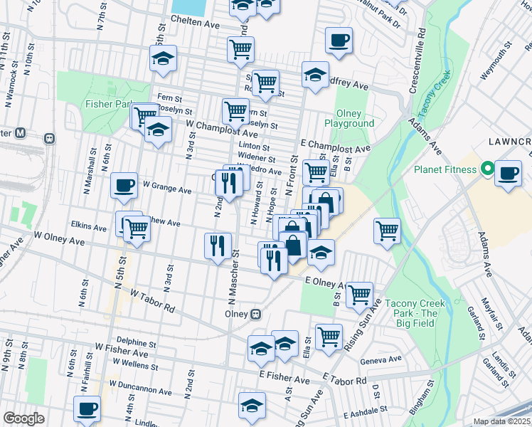 map of restaurants, bars, coffee shops, grocery stores, and more near 5748 North Hope Street in Philadelphia