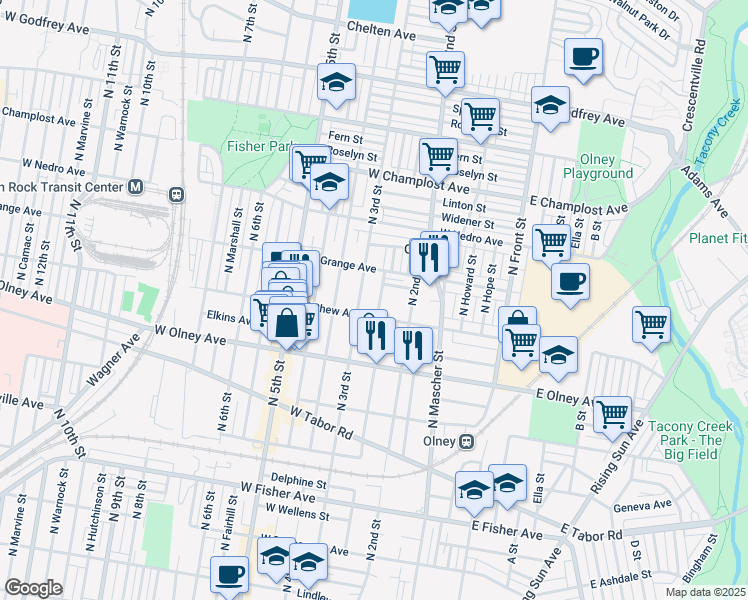map of restaurants, bars, coffee shops, grocery stores, and more near 5712 N American St in Philadelphia