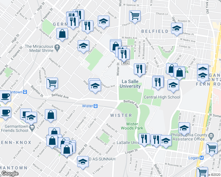 map of restaurants, bars, coffee shops, grocery stores, and more near 545L Wister Street in Philadelphia