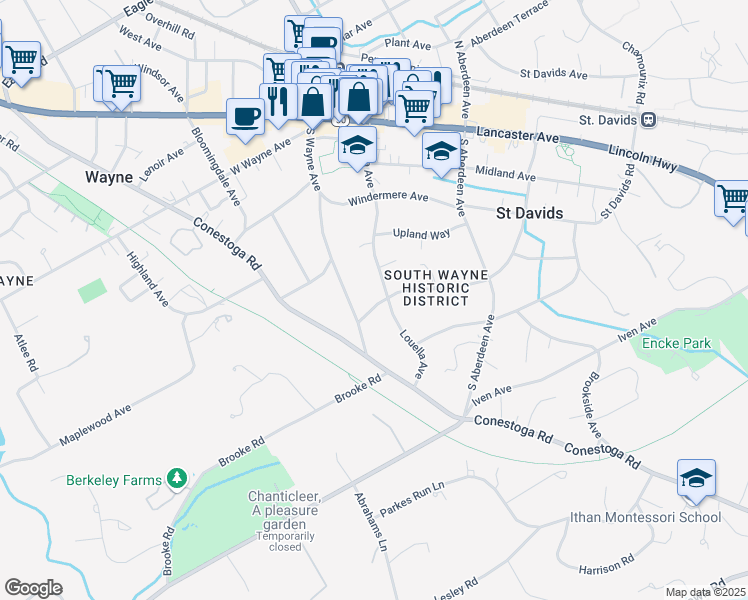 map of restaurants, bars, coffee shops, grocery stores, and more near 348 Louella Avenue in Wayne