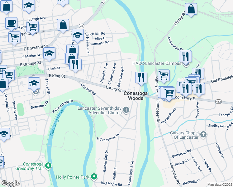map of restaurants, bars, coffee shops, grocery stores, and more near 1250 East King Street in Lancaster