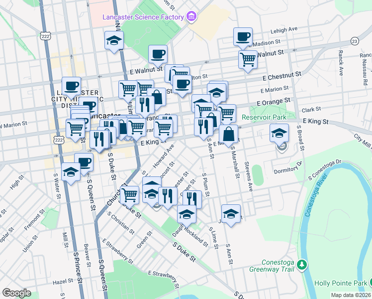 map of restaurants, bars, coffee shops, grocery stores, and more near 20 Locust Street in Lancaster