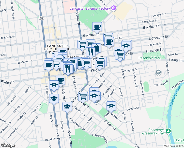 map of restaurants, bars, coffee shops, grocery stores, and more near 215 East Mifflin Street in Lancaster