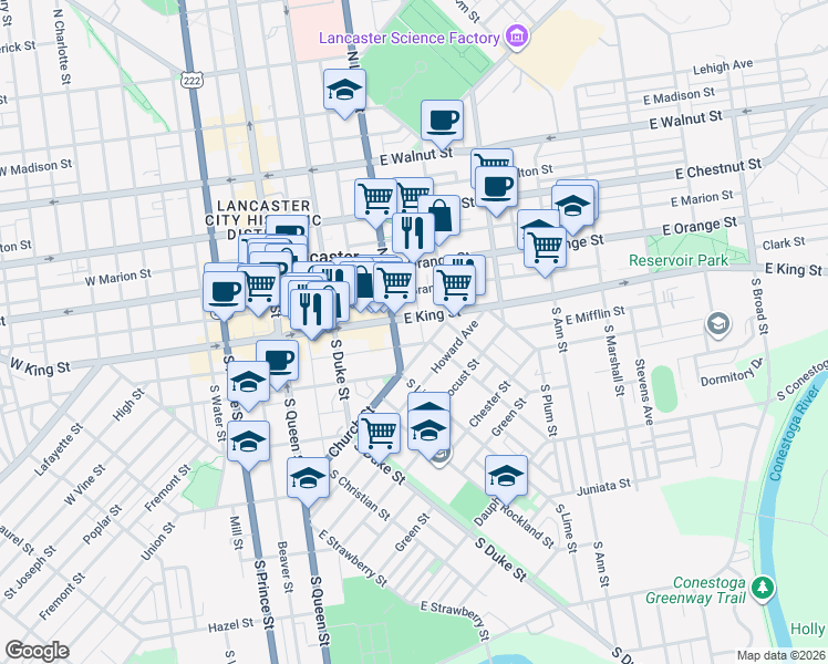 map of restaurants, bars, coffee shops, grocery stores, and more near 215 East Mifflin Street in Lancaster
